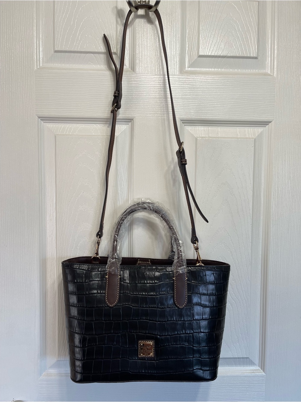 Dooney & Bourke Black Croc-Embossed Tote with Brown Trim